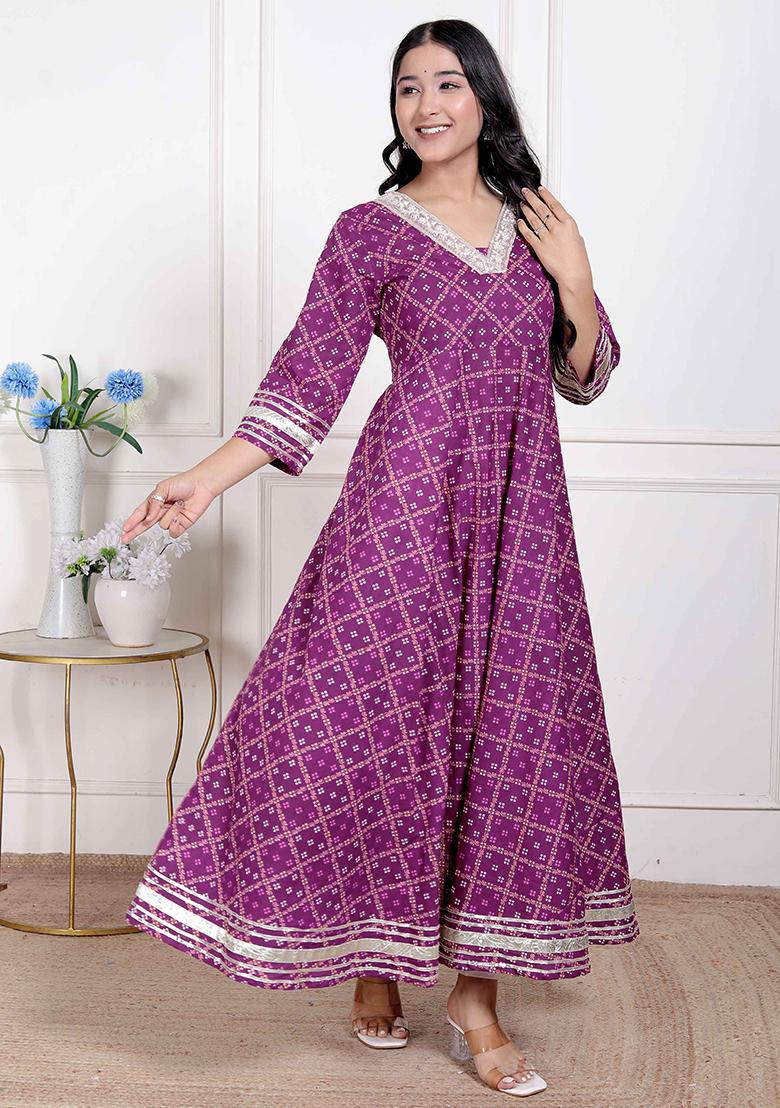 Magenta Gota Work Cotton Blend Anarkali Kurta
