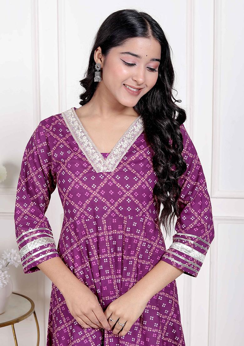 Magenta Gota Work Cotton Blend Anarkali Kurta