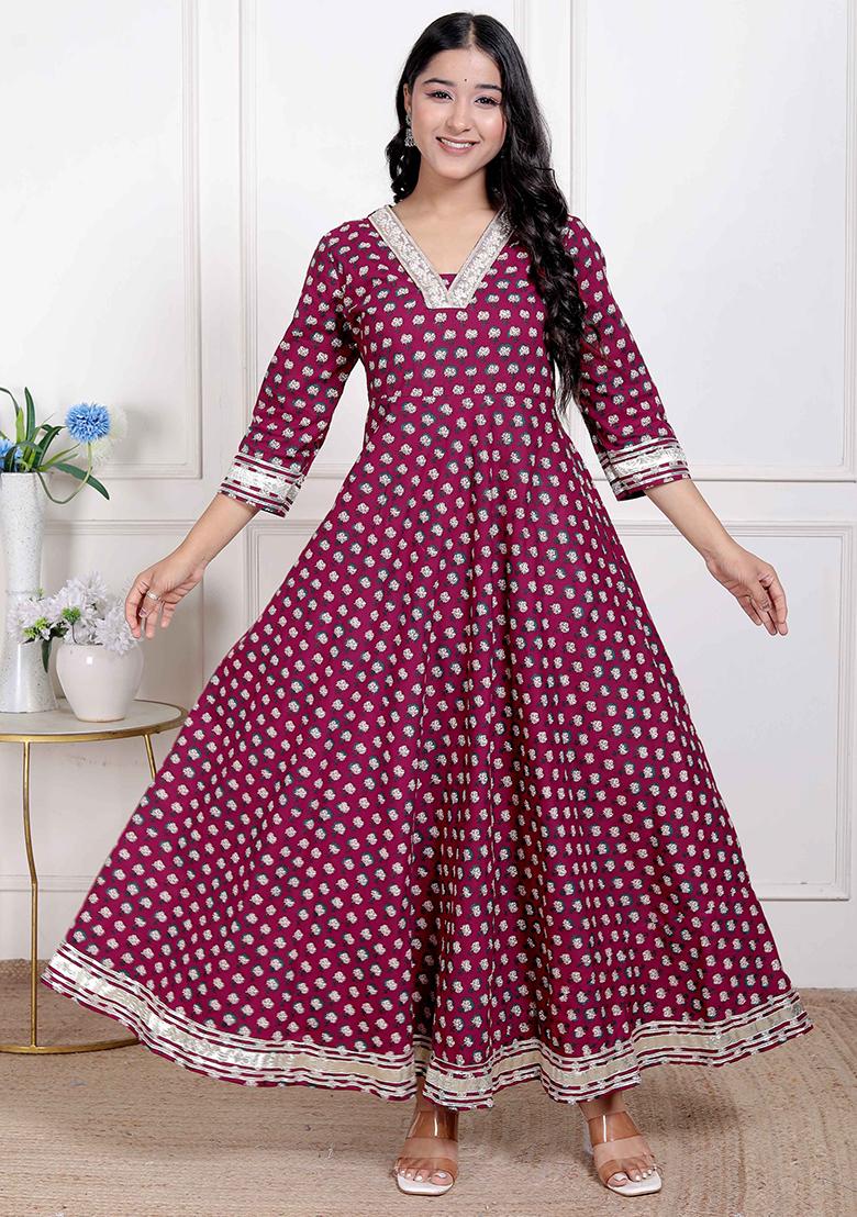 Maroon Gota Work Cotton Blend Anarkali Kurta