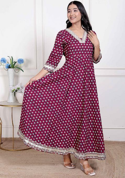 Maroon Gota Work Cotton Blend Anarkali Kurta