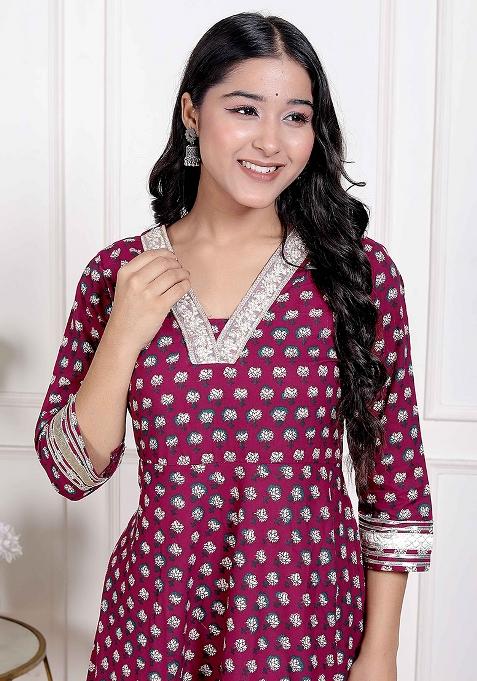 Maroon Gota Work Cotton Blend Anarkali Kurta
