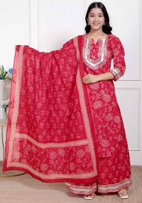 Red Gota Work Cotton Blend Kurta Set