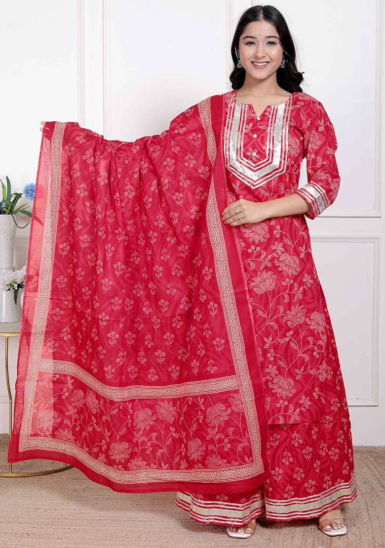 Red Embroidered Cotton Straight Kurta Set - Indya