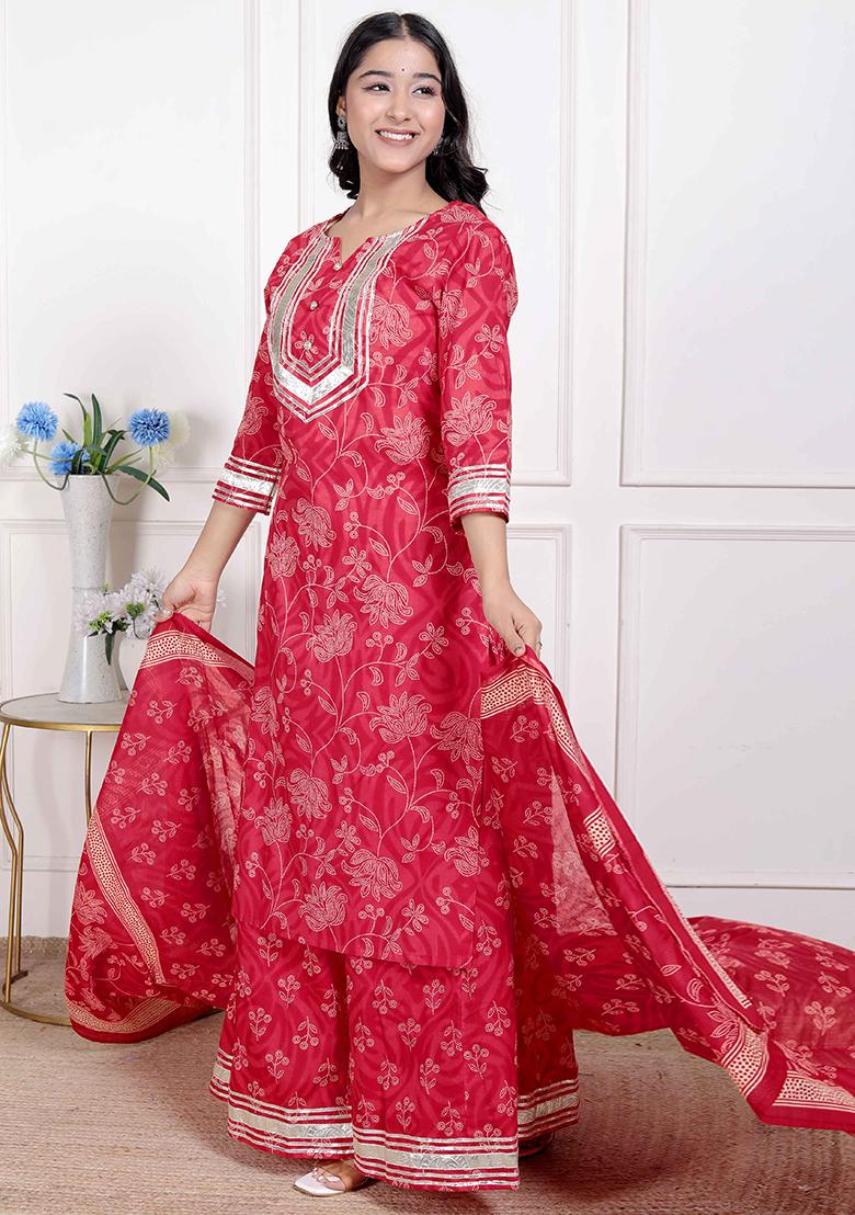 Red Gota Work Cotton Blend Kurta Set - Indya