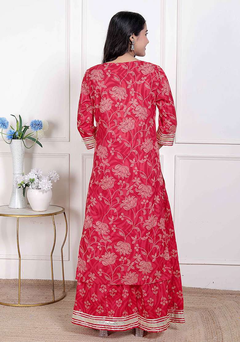 Red Embroidered Cotton Straight Kurta Set - Indya