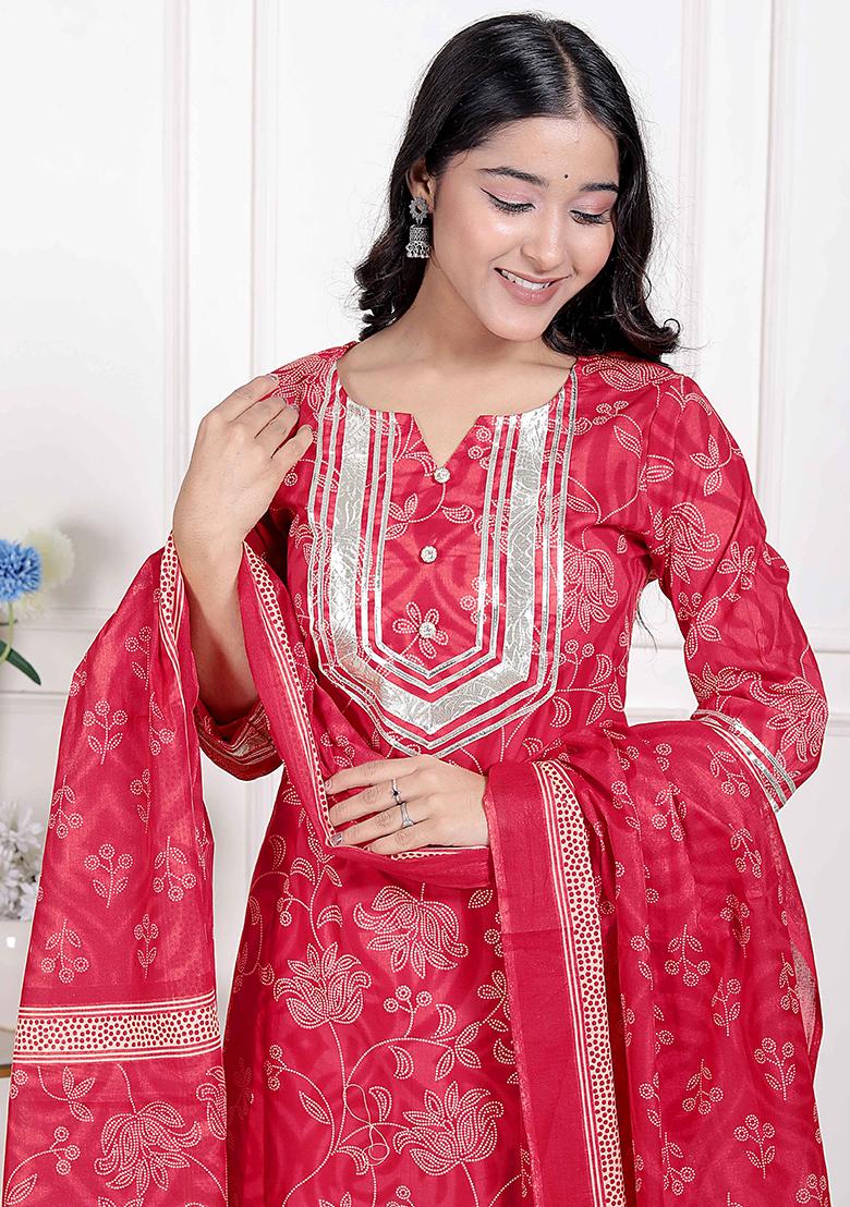 Red Gota Work Cotton Blend Kurta Set - Indya