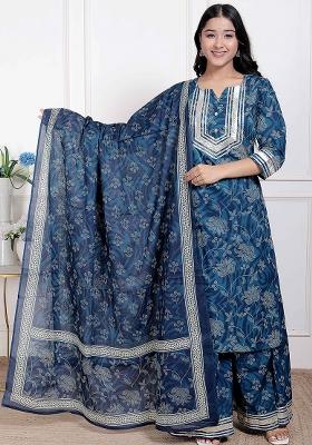 Blue Gota Work Cotton Blend Kurta Set