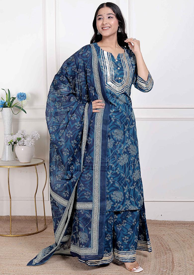 Blue Gota Work Cotton Blend Kurta Set - Indya