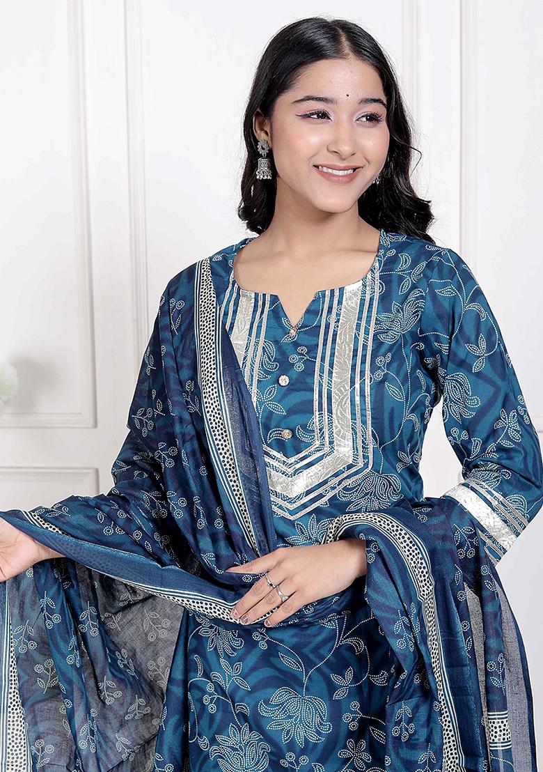 Blue Gota Work Cotton Blend Kurta Set - Indya