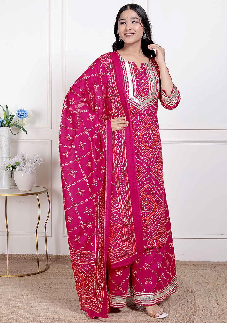 Pink Gota Work Cotton Blend Kurta Set - Indya