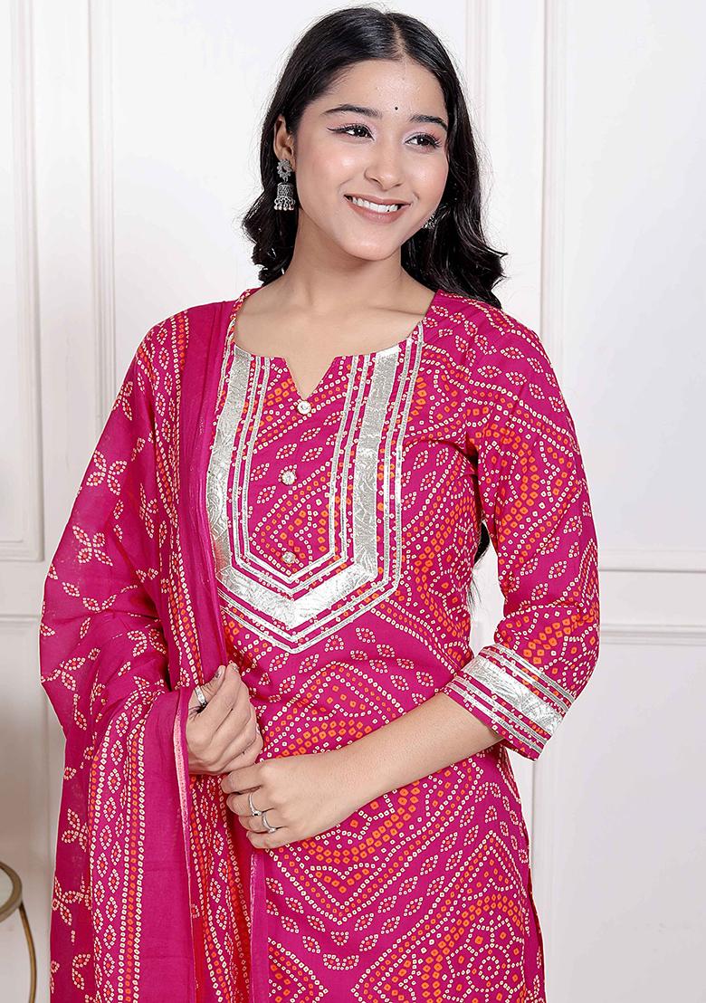Pink Gota Work Cotton Blend Kurta Set - Indya
