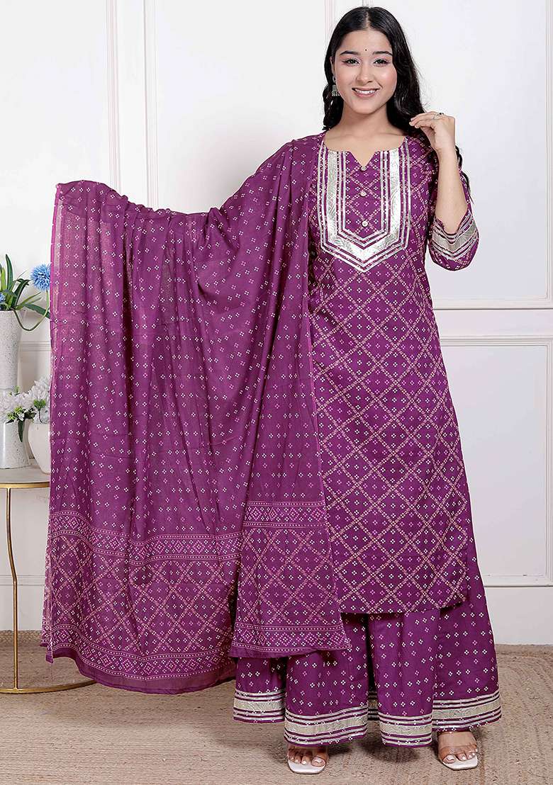 Magenta Gota Work Cotton Blend Kurta Set - Indya