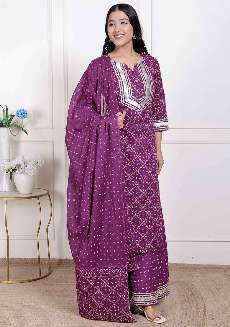 Magenta Gota Work Cotton Blend Kurta Set - Indya