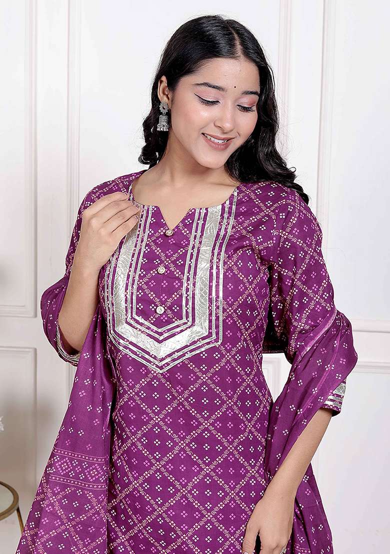 Magenta Gota Work Cotton Blend Kurta Set - Indya