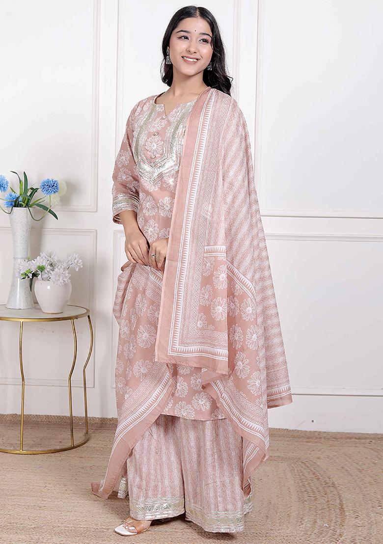 Brown Gota Work Cotton Blend Kurta Set - Indya