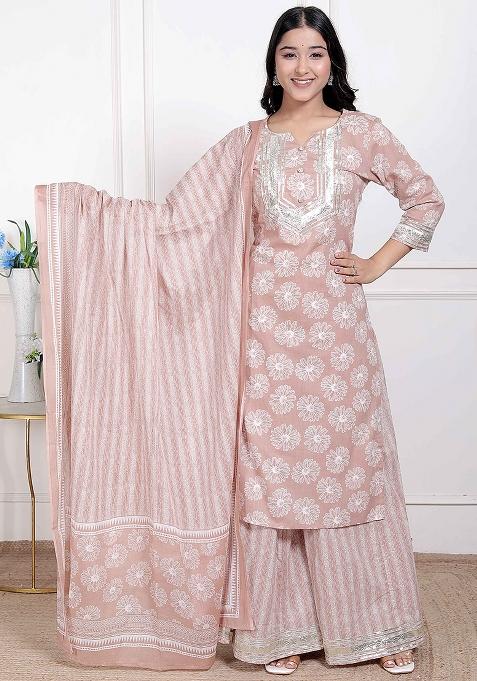 Brown Gota Work Cotton Blend Kurta Set