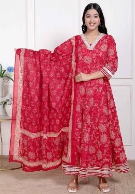 Red Gota Work Cotton Blend Anarkali With Dupatta