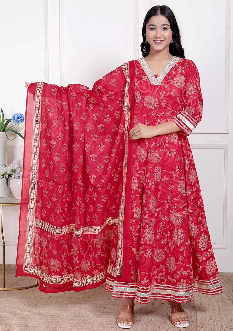 Red Gota Work Cotton Blend Anarkali With Dupatta