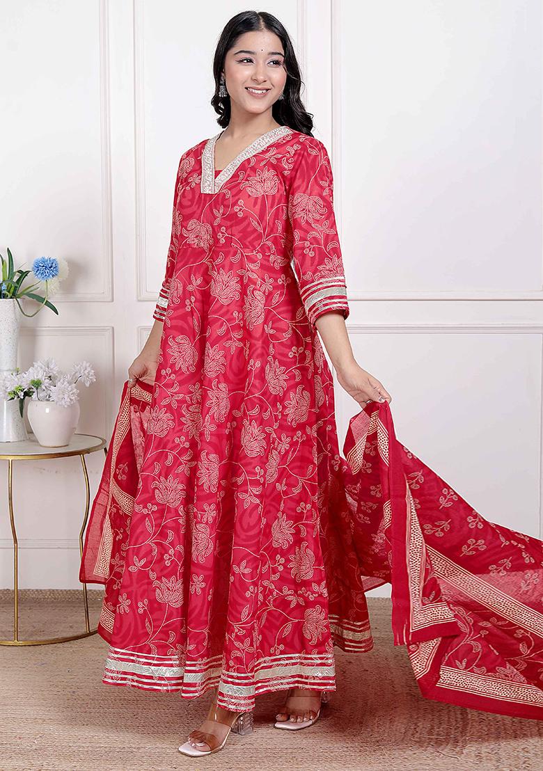 Red Gota Work Cotton Blend Anarkali With Dupatta - Indya