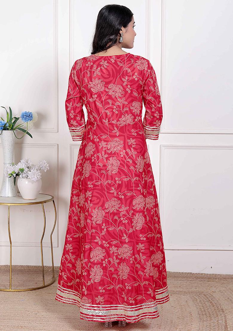 Red Gota Work Cotton Blend Anarkali With Dupatta