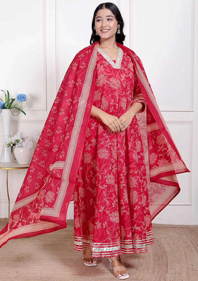 Red Gota Work Cotton Blend Anarkali With Dupatta - Indya