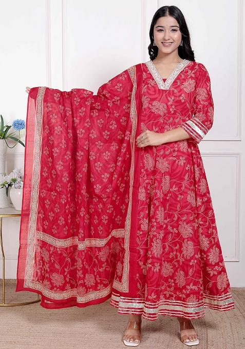 Red Gota Work Cotton Blend Anarkali With Dupatta