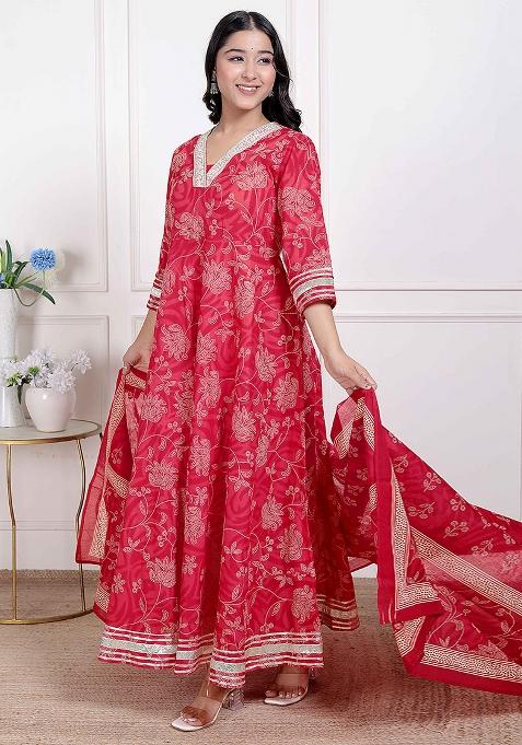 Red Gota Work Cotton Blend Anarkali With Dupatta