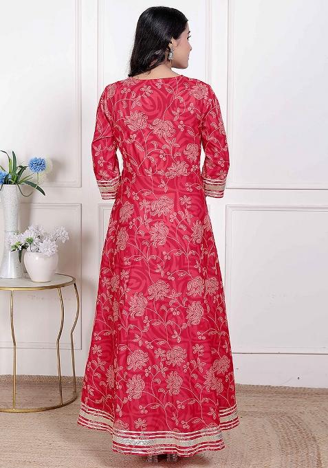 Red Gota Work Cotton Blend Anarkali With Dupatta