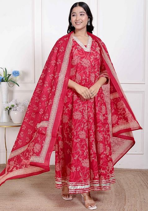 Red Gota Work Cotton Blend Anarkali With Dupatta