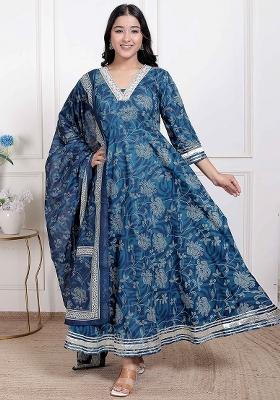 Blue Gota Work Cotton Blend Anarkali With Dupatta