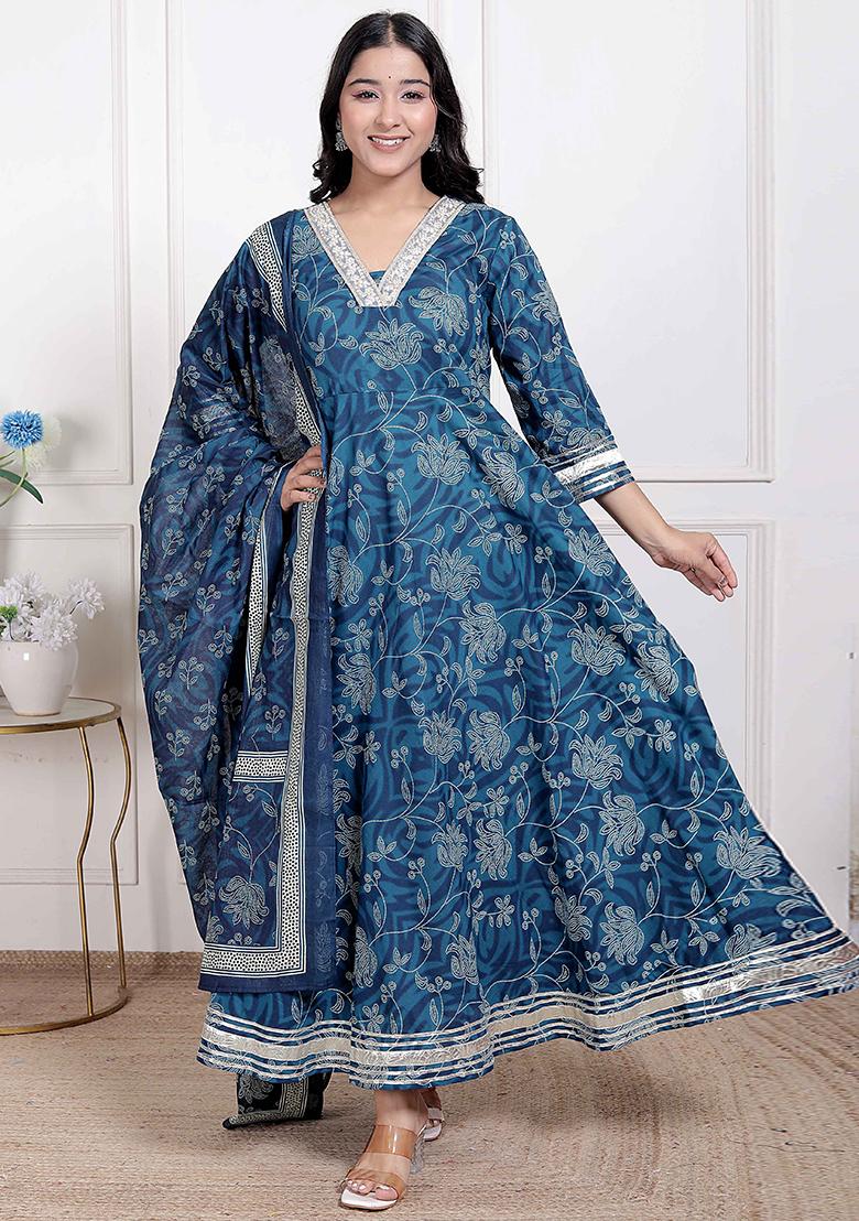 Blue Gota Work Cotton Blend Anarkali With Dupatta