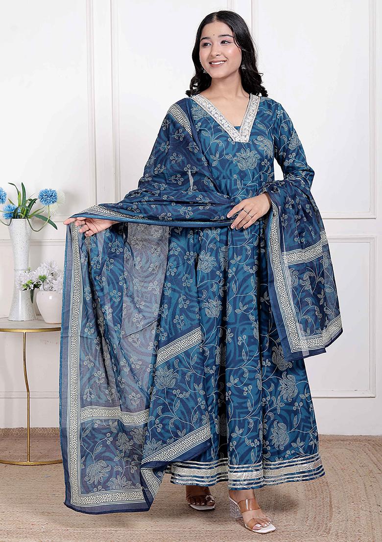 Blue Gota Work Cotton Blend Anarkali With Dupatta - Indya