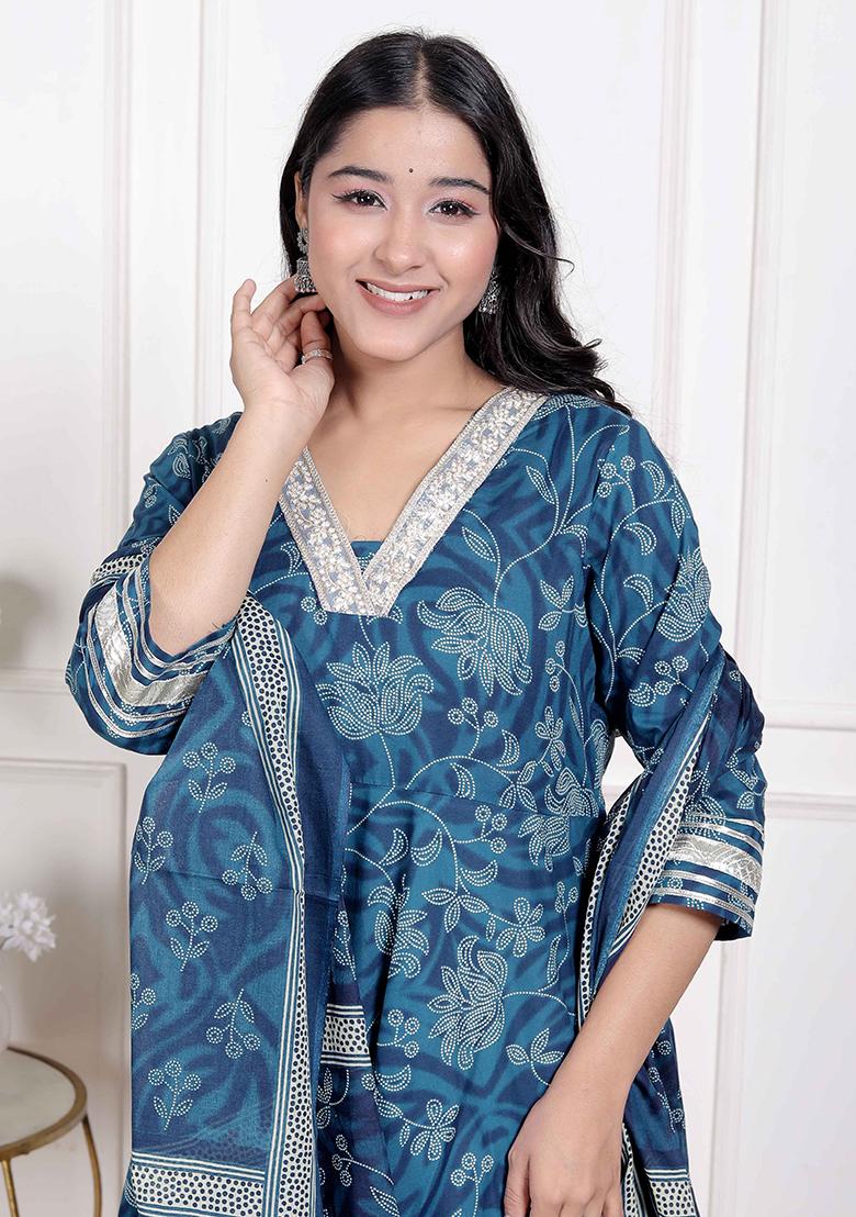 Blue Gota Work Cotton Blend Anarkali With Dupatta - Indya