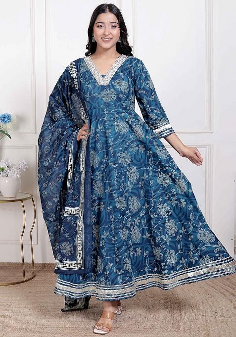 Blue Gota Work Cotton Blend Anarkali With Dupatta