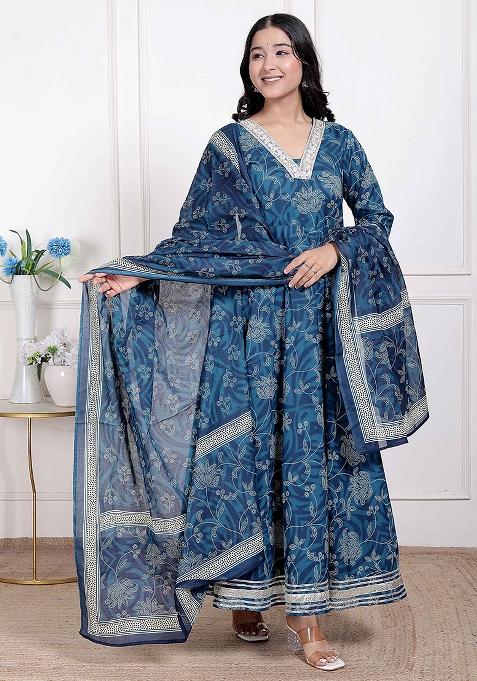 Blue Gota Work Cotton Blend Anarkali With Dupatta
