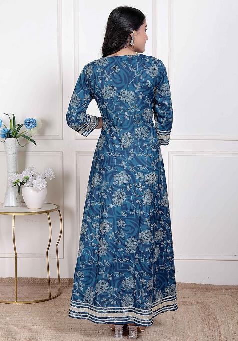 Blue Gota Work Cotton Blend Anarkali With Dupatta