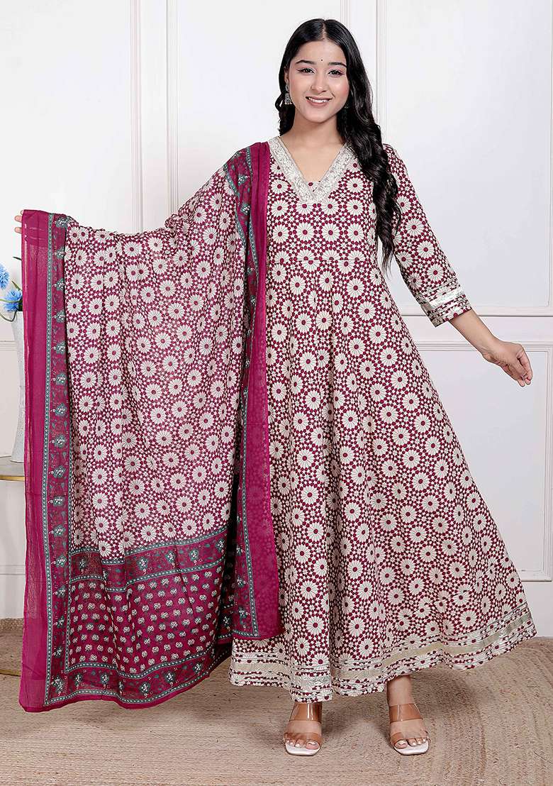 Cream Printed Cotton Anarkali With Dupatta - Indya