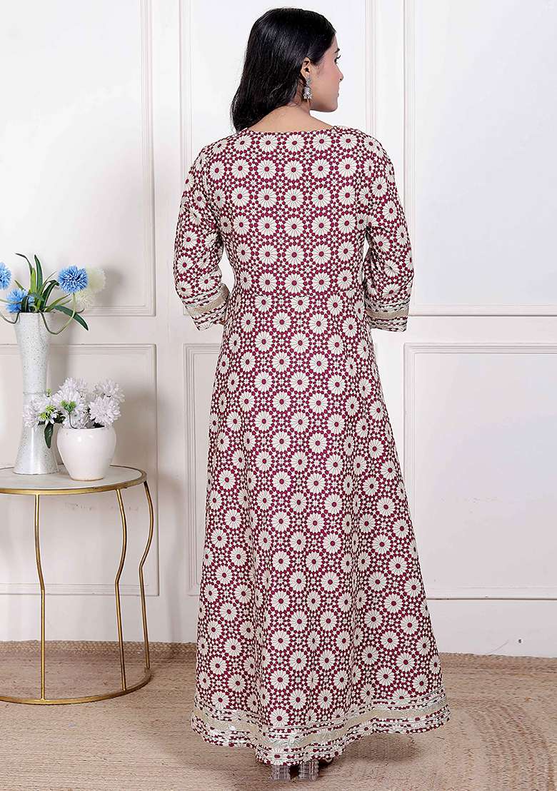 Cream Printed Cotton Anarkali With Dupatta - Indya