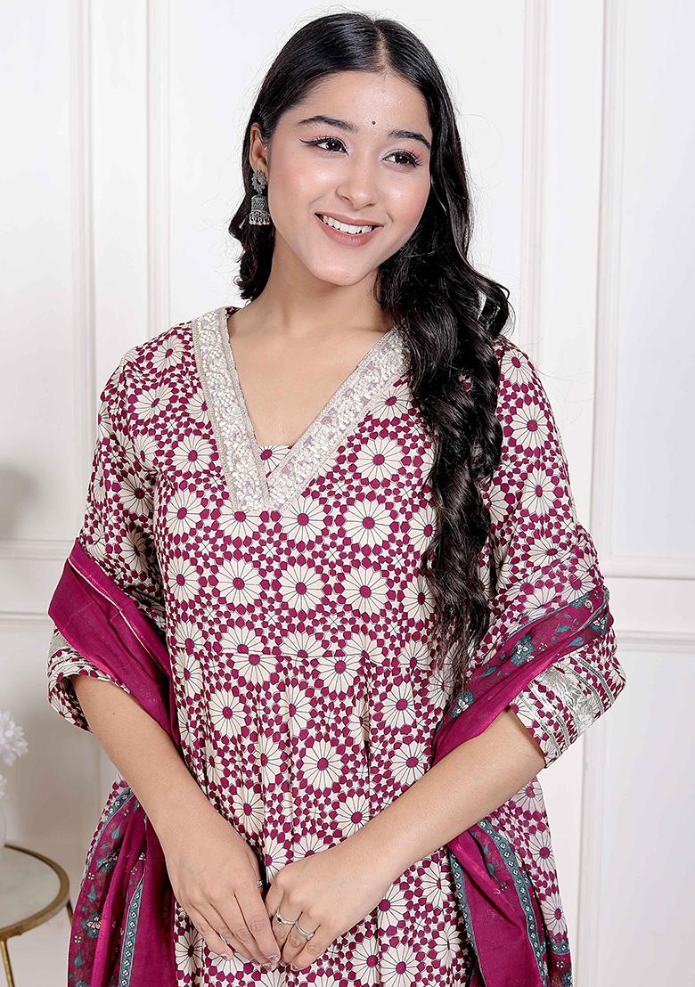 Cream Gota Work Cotton Blend Anarkali With Dupatta - Indya