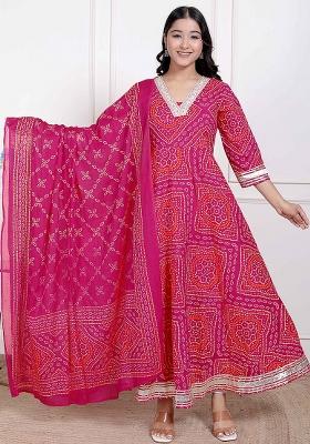 Pink Gota Work Cotton Blend Anarkali With Dupatta