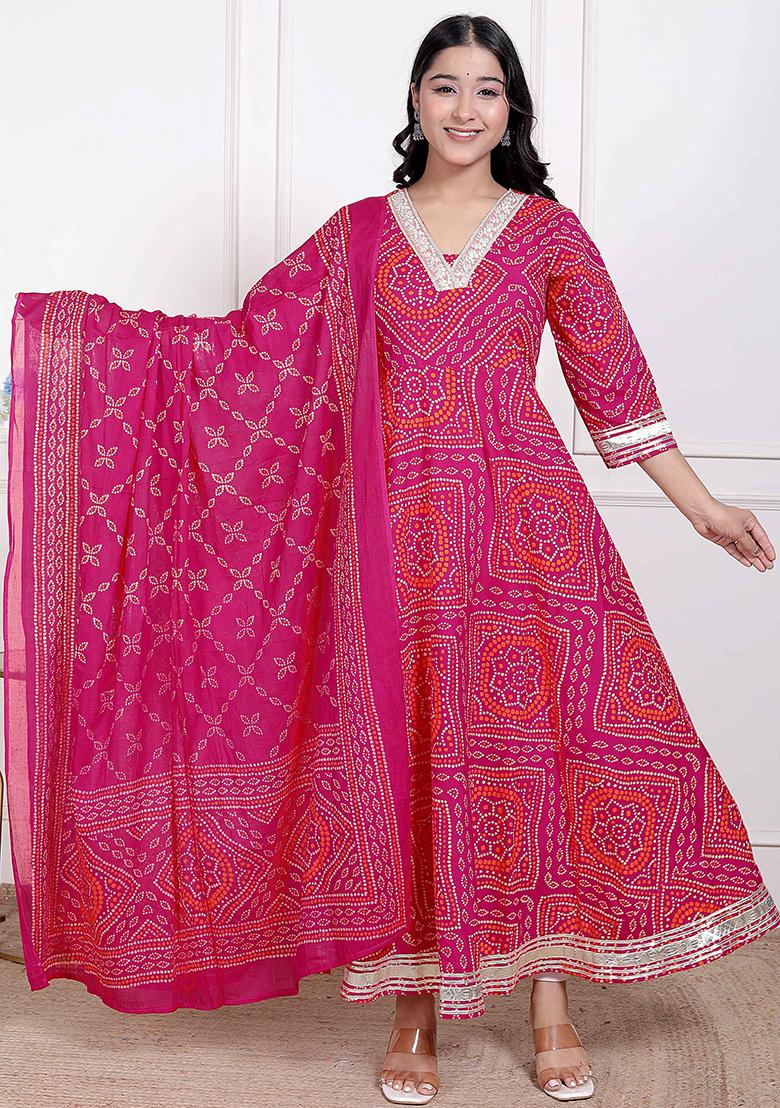 Pink Gota Work Cotton Blend Anarkali With Dupatta