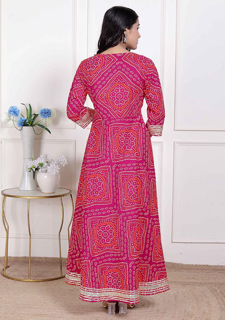 Pink Gota Work Cotton Blend Anarkali With Dupatta