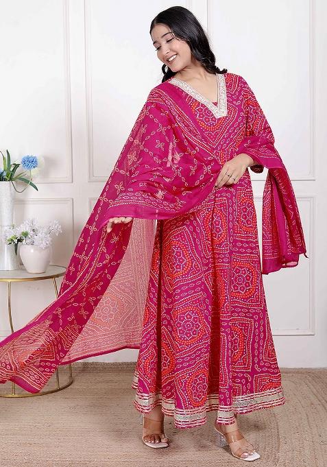 Pink Gota Work Cotton Blend Anarkali With Dupatta