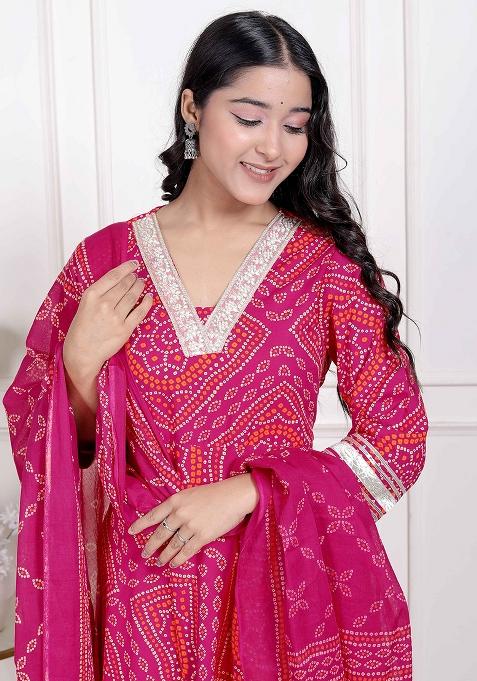 Pink Gota Work Cotton Blend Anarkali With Dupatta