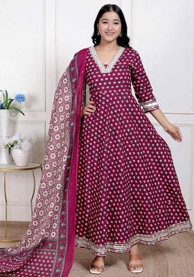 Maroon Gota Work Cotton Blend Anarkali With Dupatta