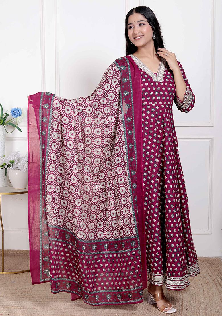 Maroon Gota Work Cotton Blend Anarkali With Dupatta