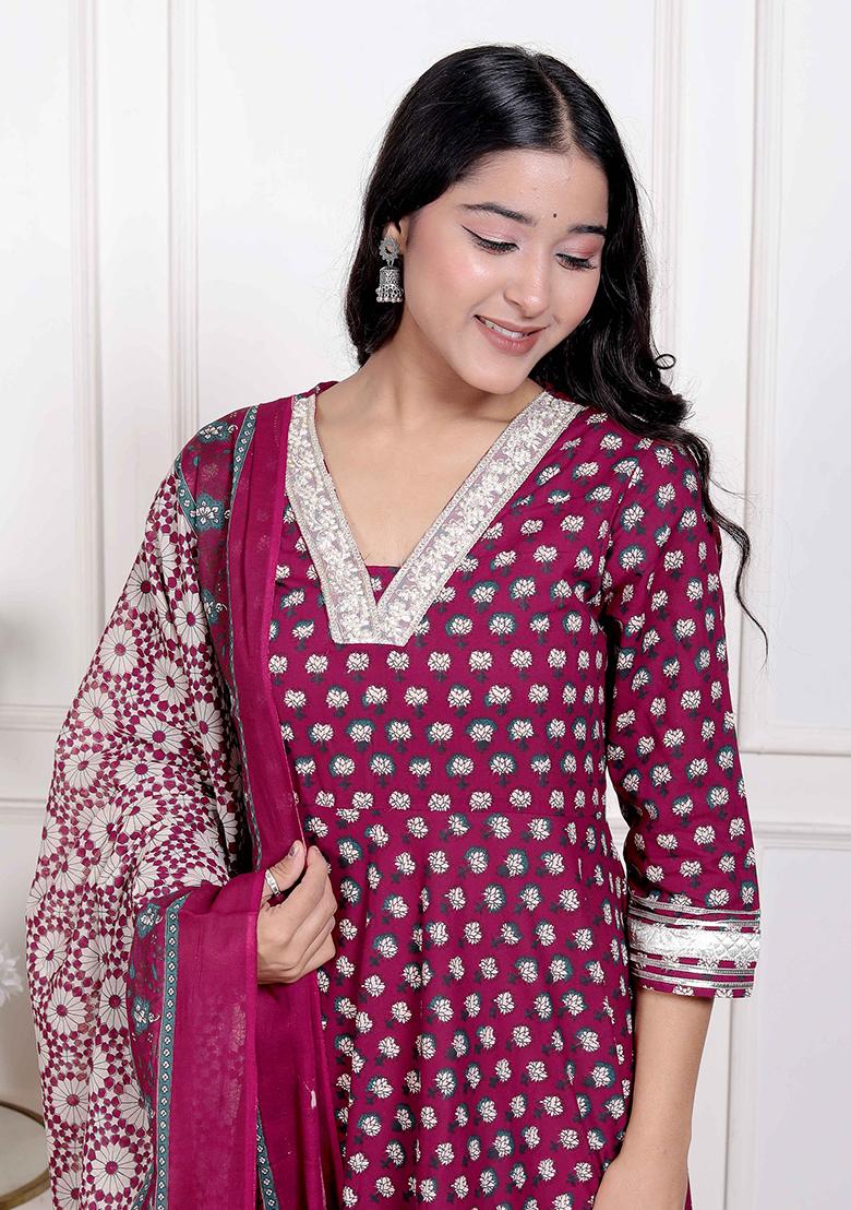 Maroon Gota Work Cotton Blend Anarkali With Dupatta