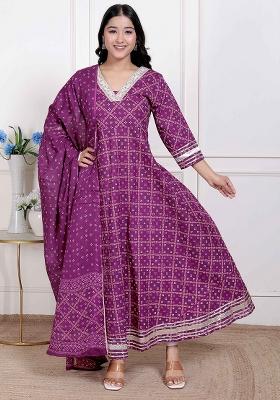 Magenta Gota Work Cotton Blend Anarkali With Dupatta