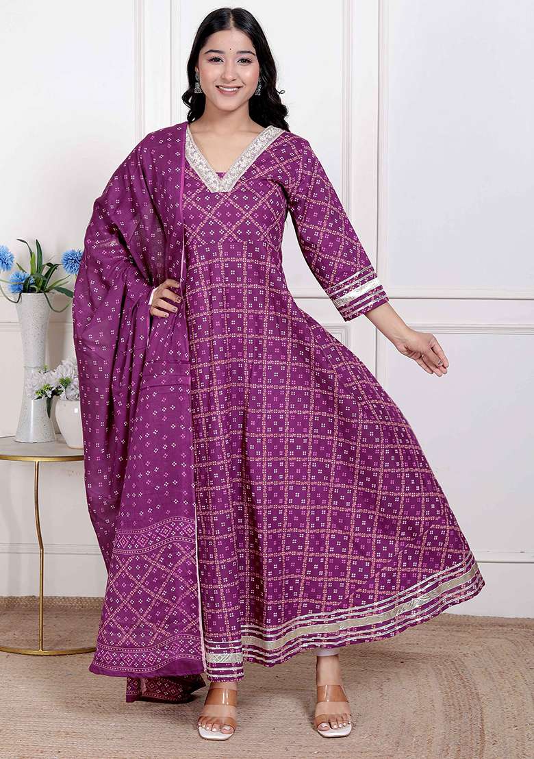 Magenta Gota Work Cotton Blend Anarkali With Dupatta - Indya