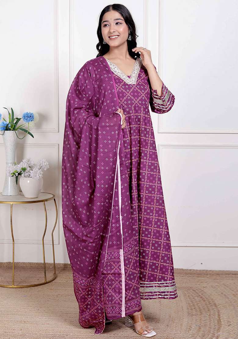 Magenta Gota Work Cotton Blend Anarkali With Dupatta - Indya